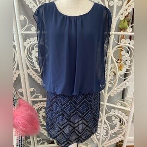 AIDAN MATTOX NAVY BLUE MINI DRESS BEADED CHIFFON SIZE 12 SLEEVELESS